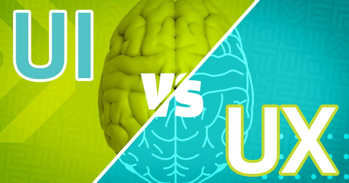 Green and blue UX vs UI graphic with brain.