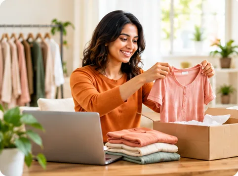 D2C seller packing a clothing order next to a laptop
