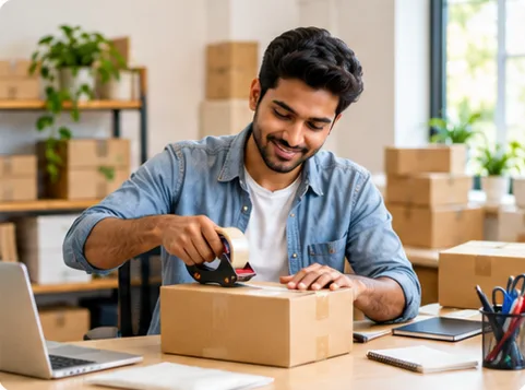 Small business seller taping a shipping box at his desk