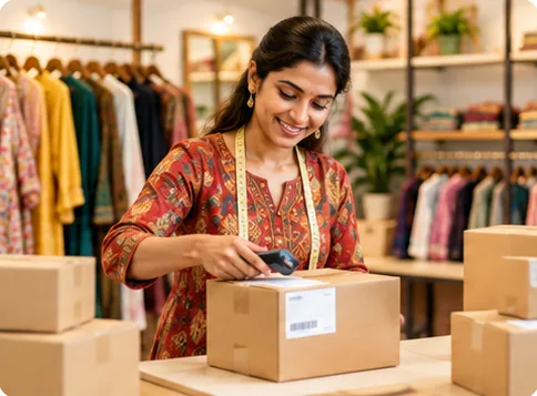 Retail store owner scanning a parcel label in her shop