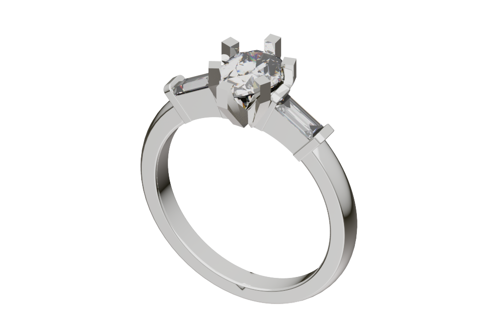 Pear & Baguettes three-Stone Engagement Ring 