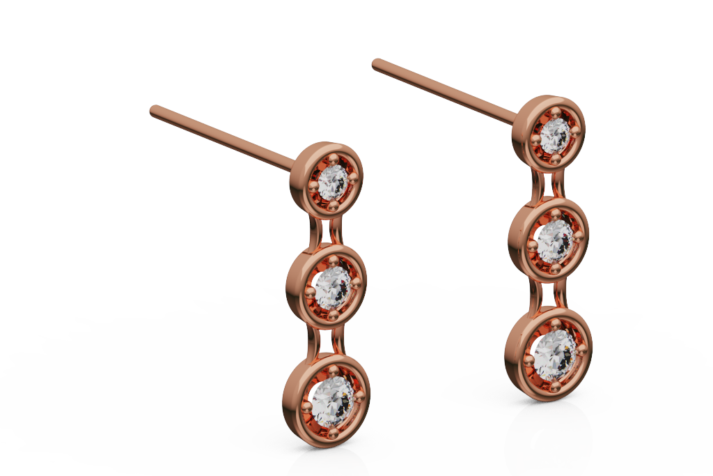 Three Stone Bezel Diamond Bar Stud Earrings