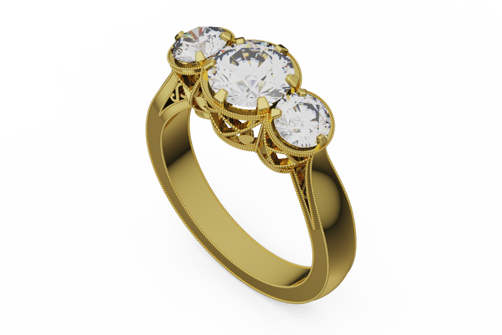Three Stone Round Diamond Ring With Milgrain Gallery