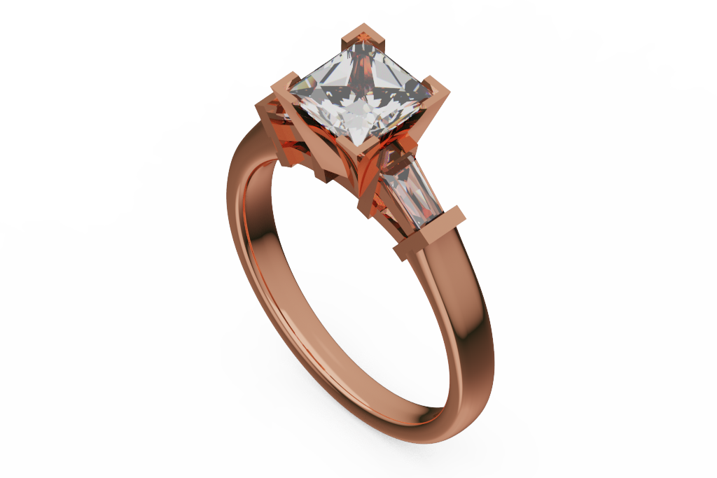 Princess Cut Three Stone Ring With Tapered Baguettes
