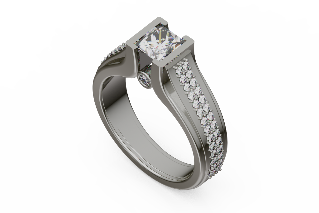 Princess Cut Double Row Pave Engagement Ring With Surprise Diamond