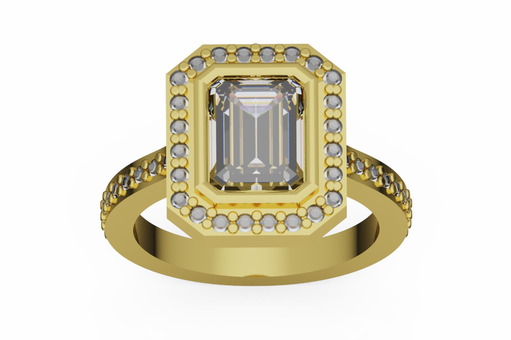 Emerald Cut Diamond Halo Engagement Ring With Pave Shoulders