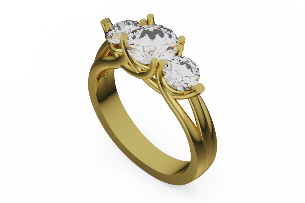 Round Three Stone Diamond Ring With Split Shank Shoulders