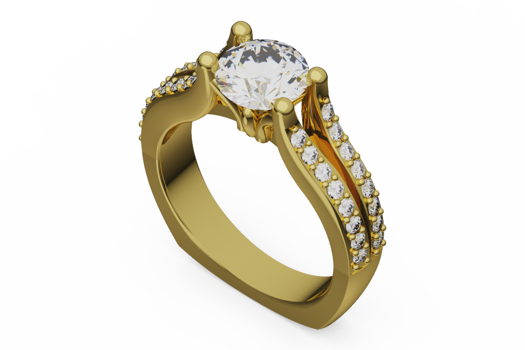 Round Diamond Split Shank Engagement Ring With Double Pavé Shoulders