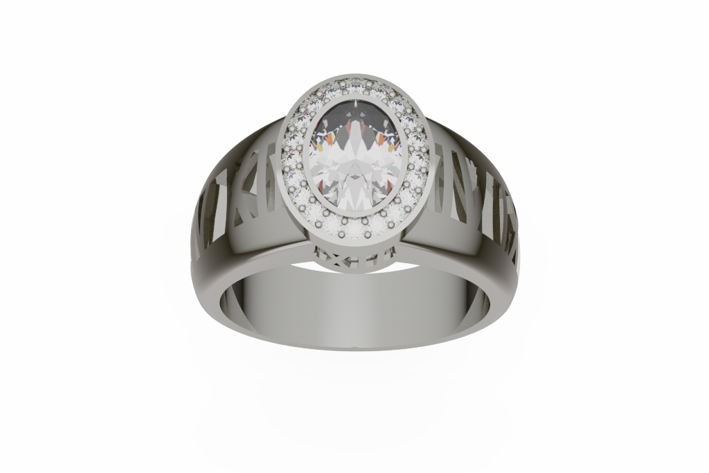 Oval Diamond Halo Ring With Geometric Cutout Shoulders
