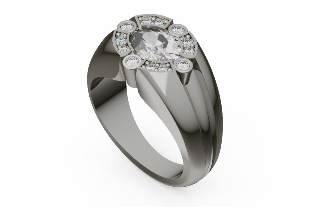 Oval Diamond Halo Ring With Bezel Station Accents