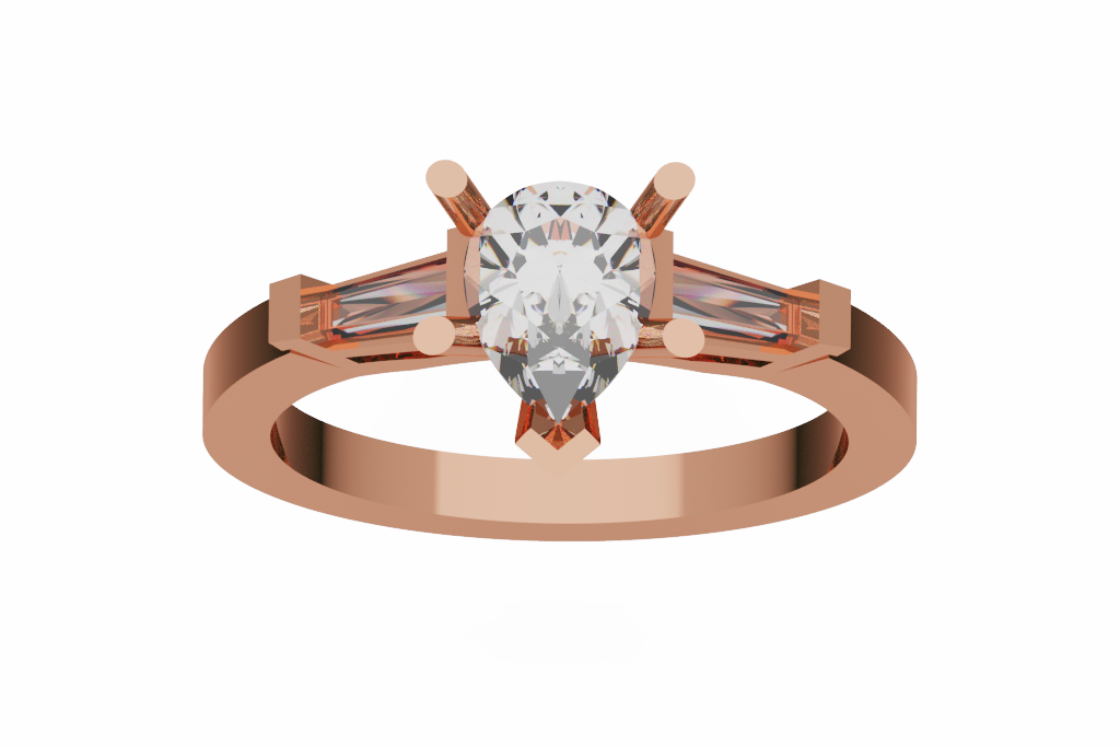 Pear Diamond Three Stone Ring With Tapered Baguette Sides