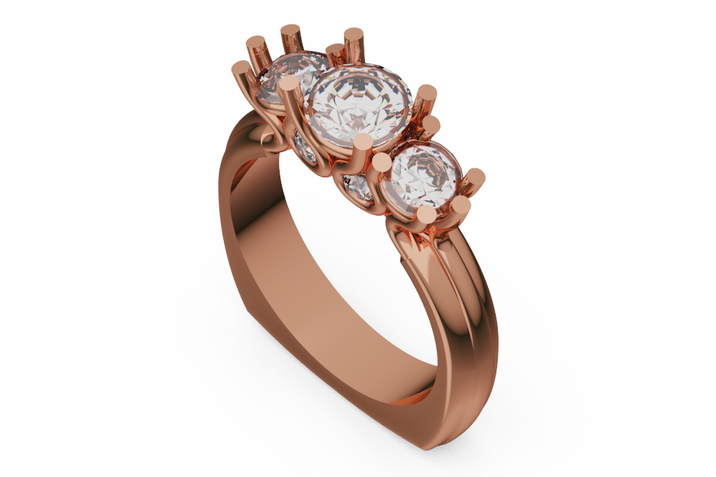 Round Three Stone Diamond Ring With Ribbed Polished Shoulders
