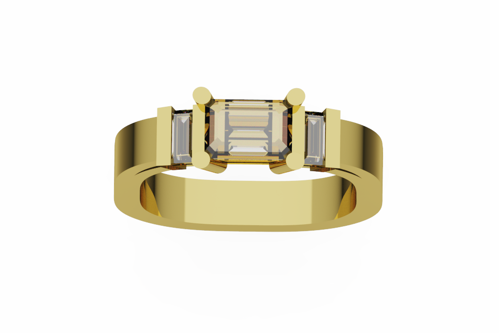 Emerald Cut Three Stone Ring With Baguette Side Diamonds
