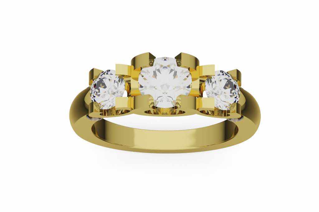 Round Three Stone Diamond Ring With Block Basket Settings