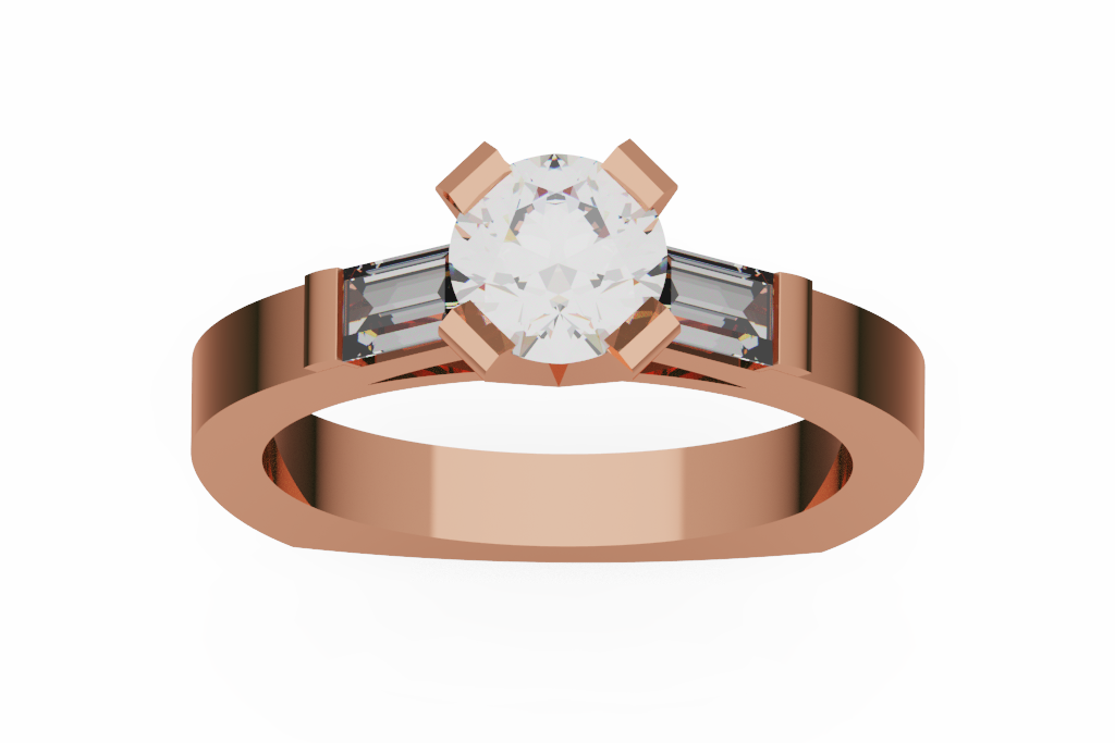 Round Diamond Three Stone Ring With Tapered Baguette Sides