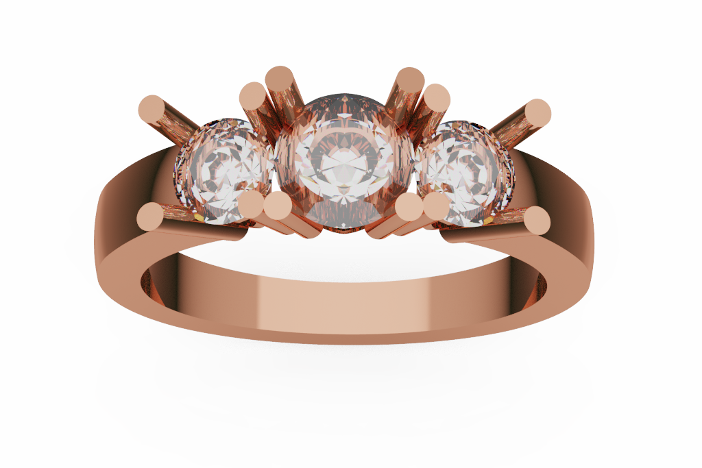 Round Three Stone Diamond Ring With Elongated Tubular Prongs