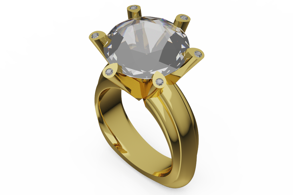 Round Diamond Split Shank Ring With Diamond Accented Prong Caps