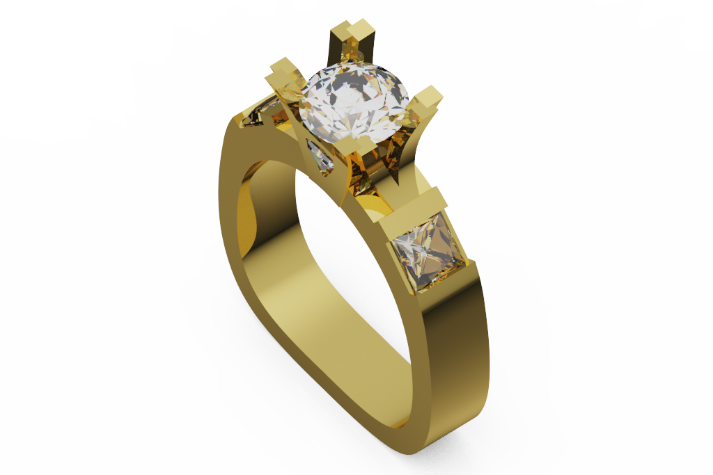 Round Diamond Ring With Princess Cut Side Stones and Block Prongs