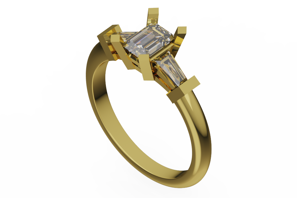 Emerald Cut Three Stone Ring With Tapered Baguette Sides