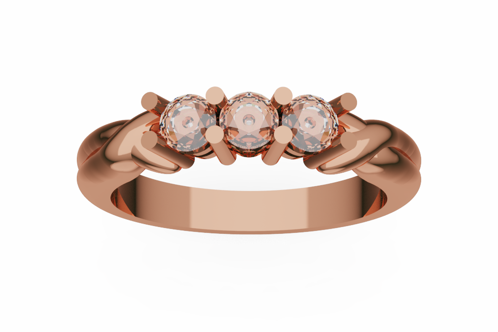 Round Three Stone Diamond Ring With Twisted Ribbon Shoulders