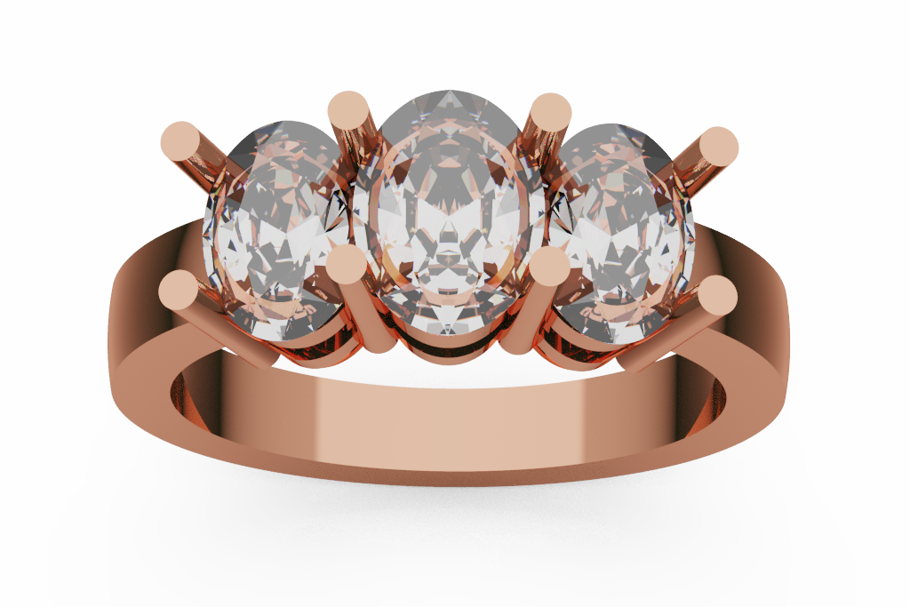Oval Three Stone Diamond Ring With Tall Cylindrical Prongs