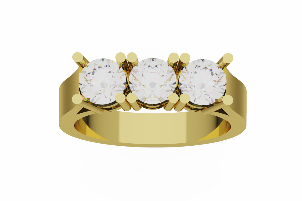 Round Three Stone Diamond Ring With Wide Plain Shank