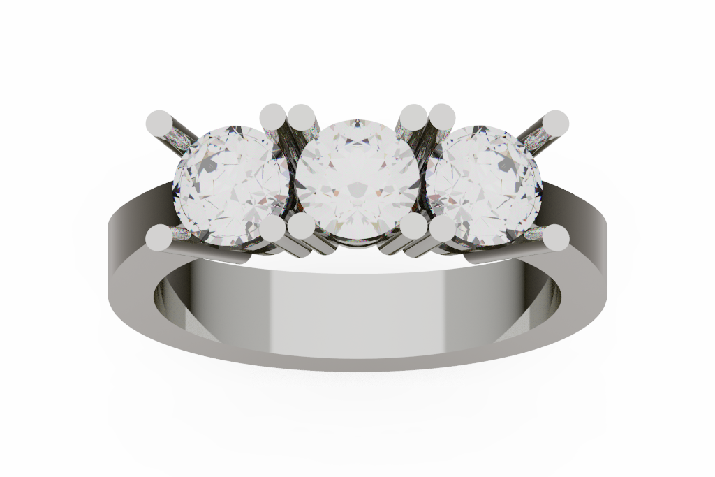 Round Three Stone Diamond Ring With Paired Tubular Prongs