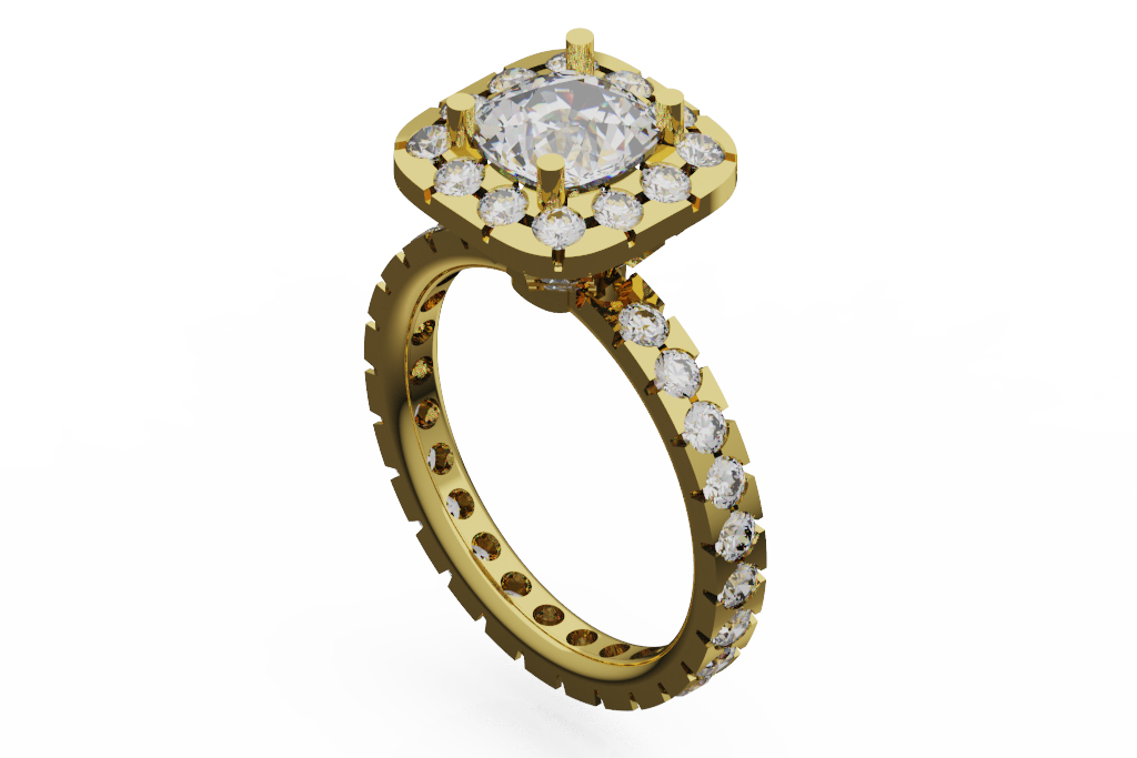 Cushion Halo Diamond Engagement Ring With Pavé Band