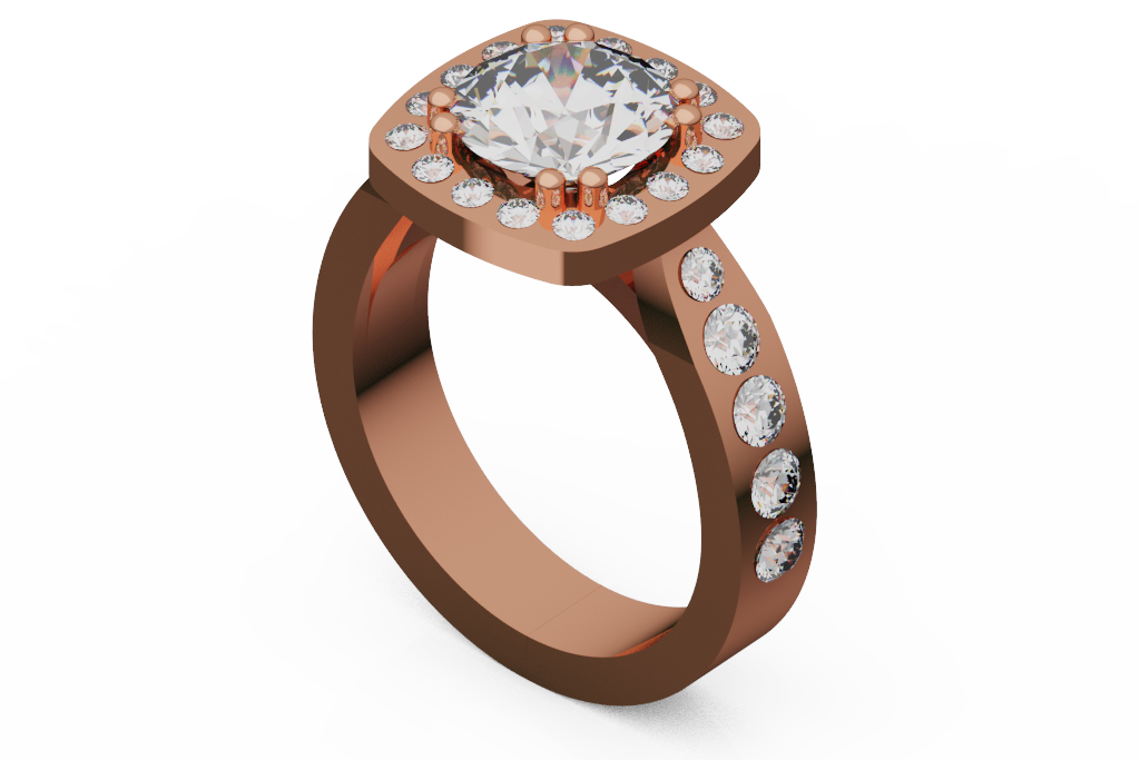 Round Diamond Cushion Halo Ring With Accent Shoulders