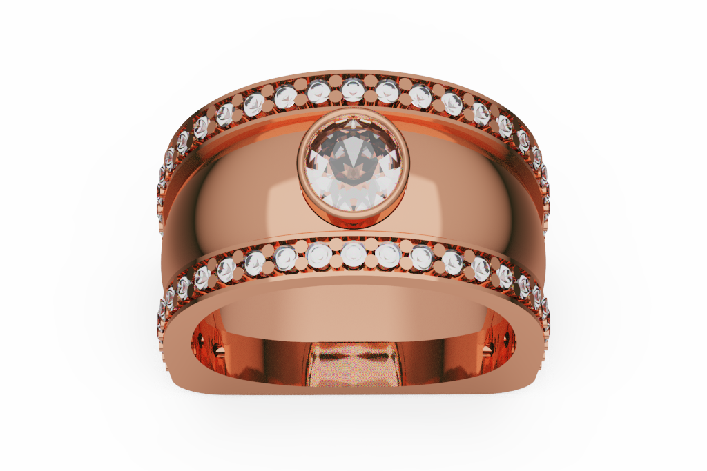 Wide Dome Diamond Ring With Bezel Center and Pavé Rails