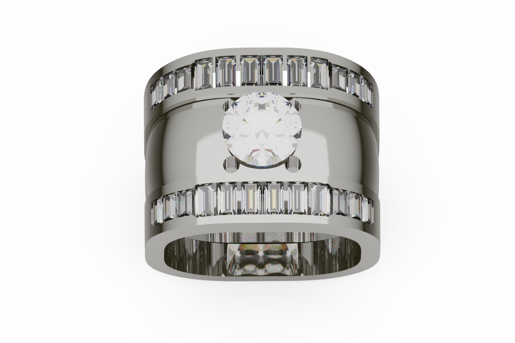 Wide Cuff Round Diamond Ring With Baguette Rows