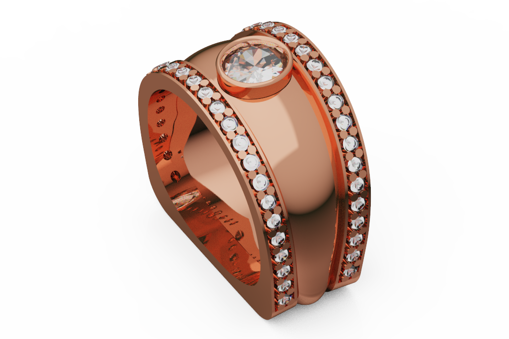Wide Dome Bezel Diamond Ring With Pavé Borders