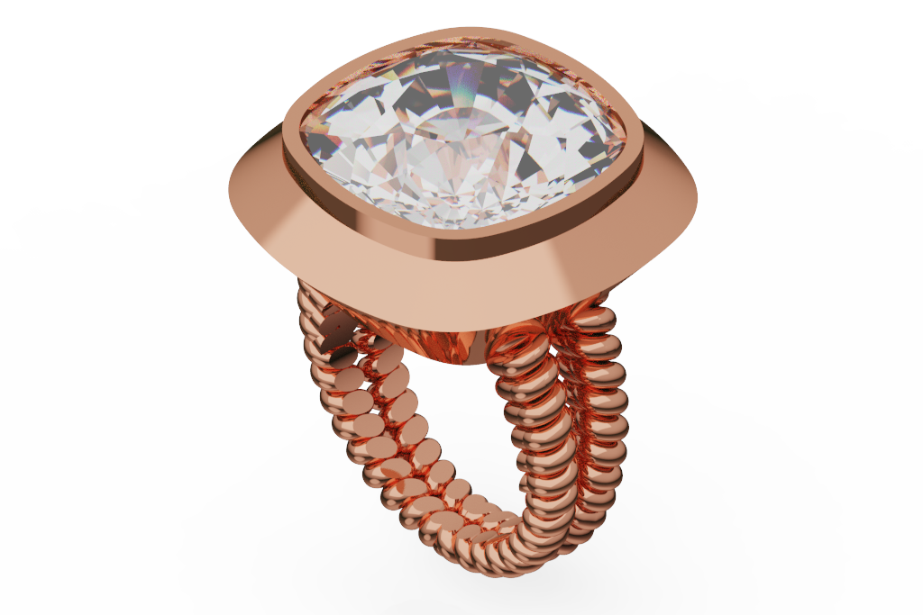Cushion Bezel Solitaire Ring With Ribbed Multi Strand Shank