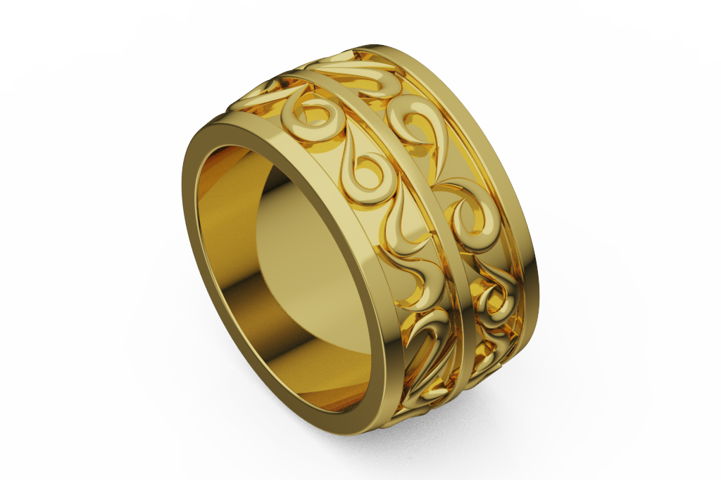 Wide Scrollwork Fashion Band With Double Rail Panels