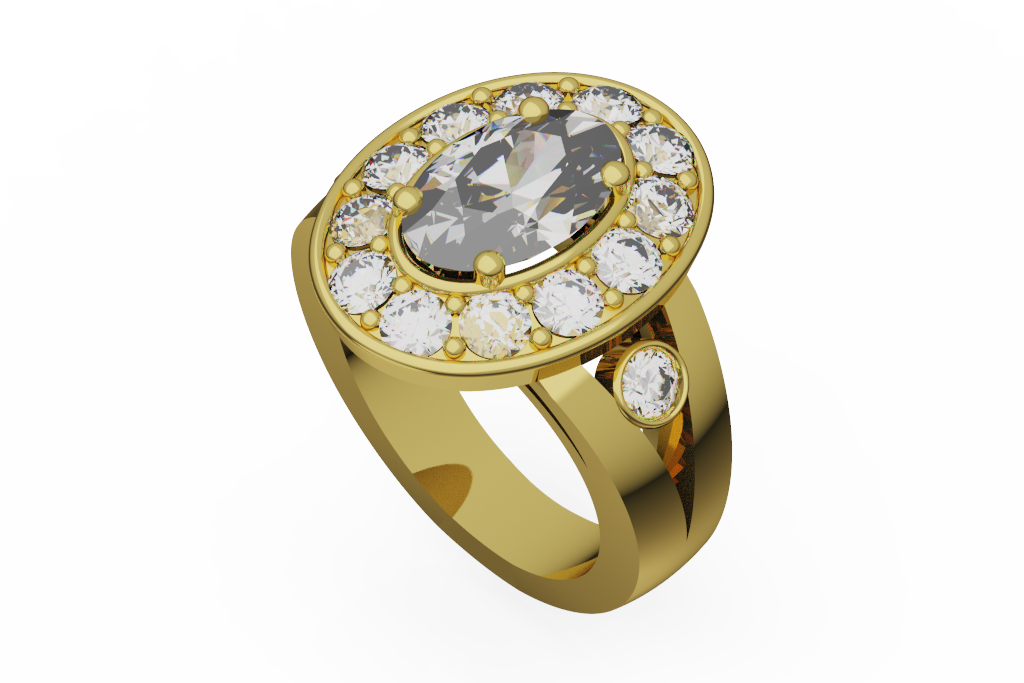 Oval Diamond Halo Ring With Bezel Shoulder Accents