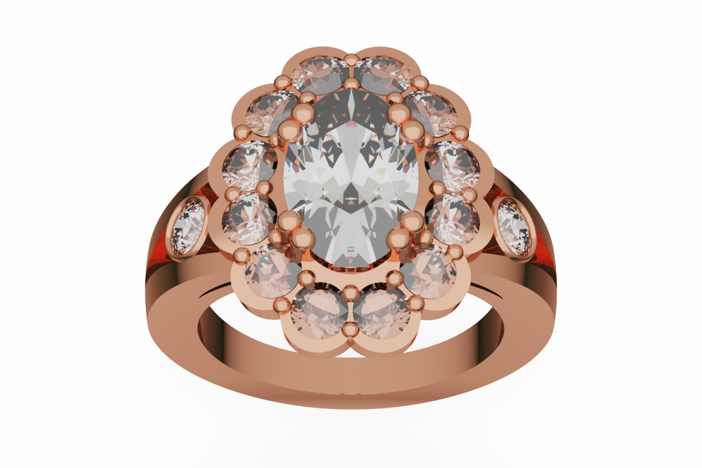 Scalloped Oval Diamond Halo Ring With Side Accents