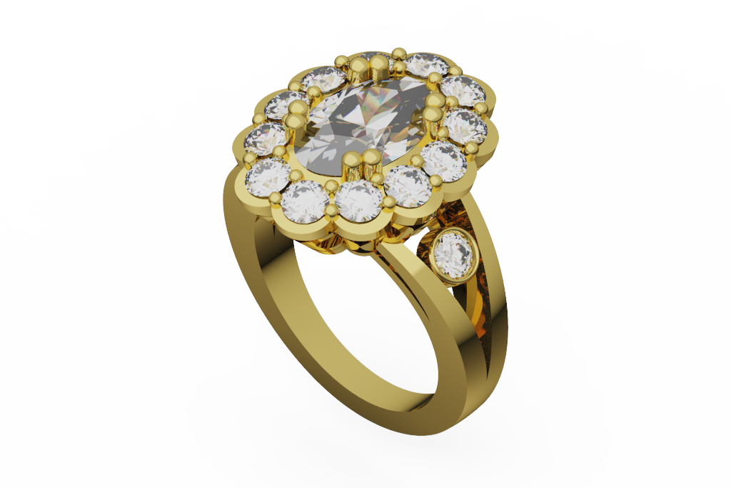 Oval Cluster Halo Diamond Ring With Shoulder Stones