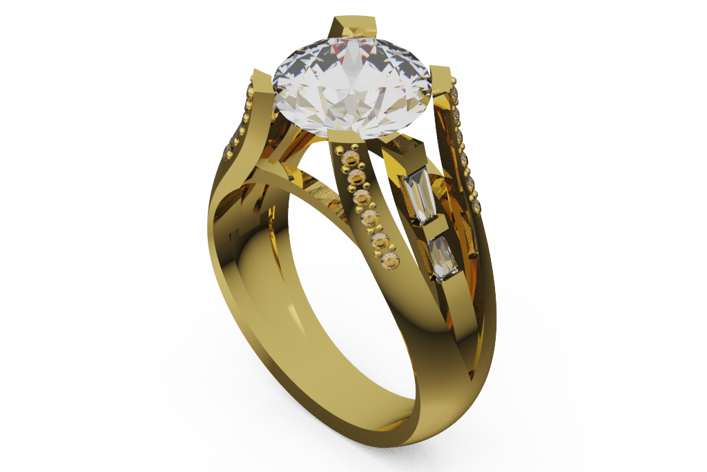 Round Diamond Split Shoulder Ring With Baguette Accents