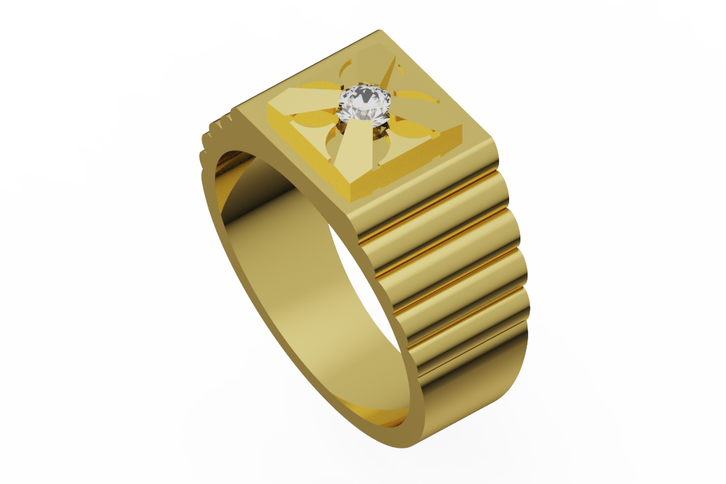 Square Signet Solitaire Ring With Ribbed Shoulders