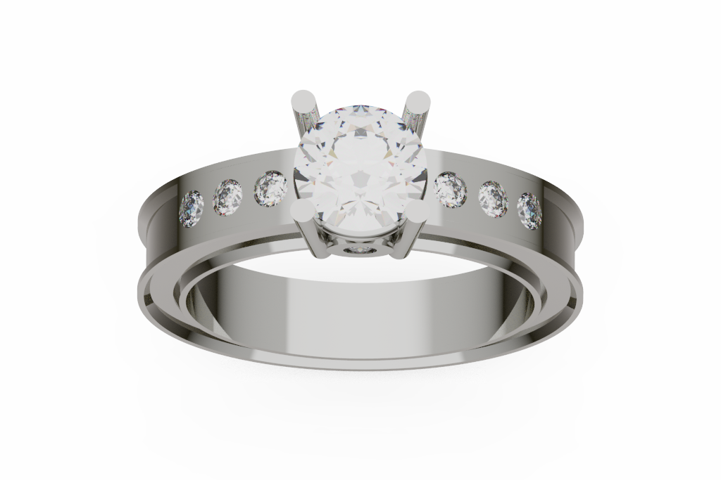 Wide Round Diamond Accented Engagement Ring