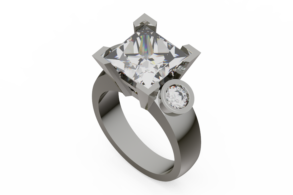 Princess Cut Three Stone Ring With Round Bezels