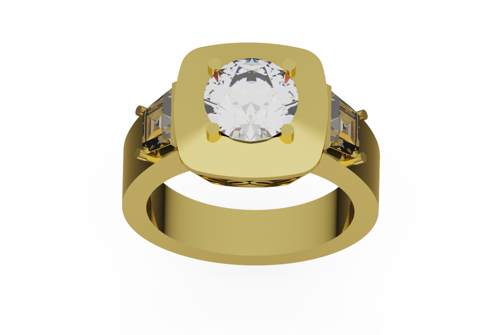 Round Three Stone Ring With Tapered Baguette Shoulders