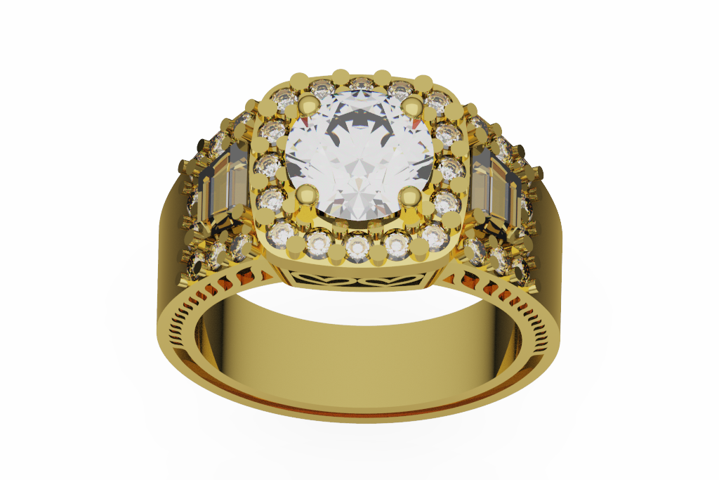 Round Halo Ring With Emerald Cut Side Accents
