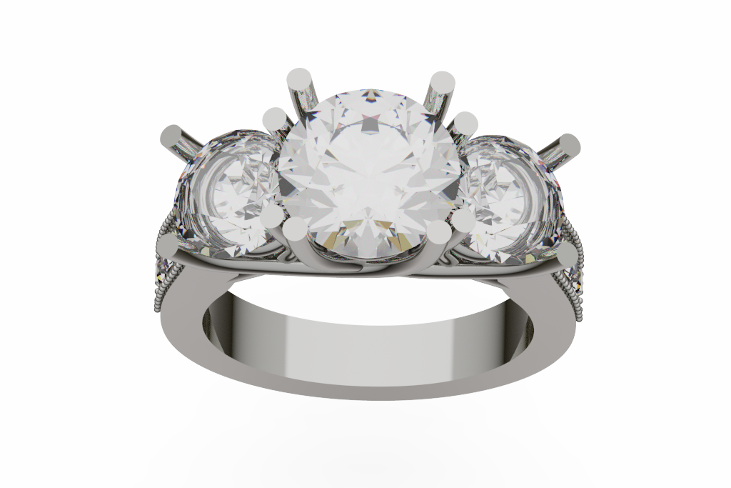 Round Three Stone Engagement Ring With Textured Diamond Shoulders