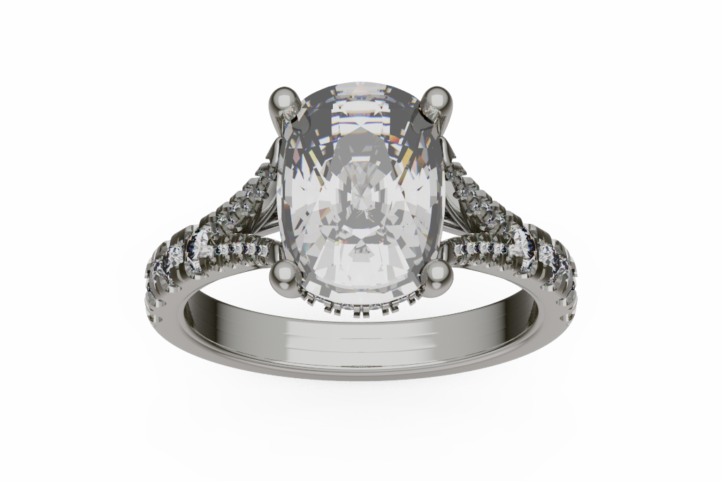Elongated Cushion Split Shank Pave Engagement Ring