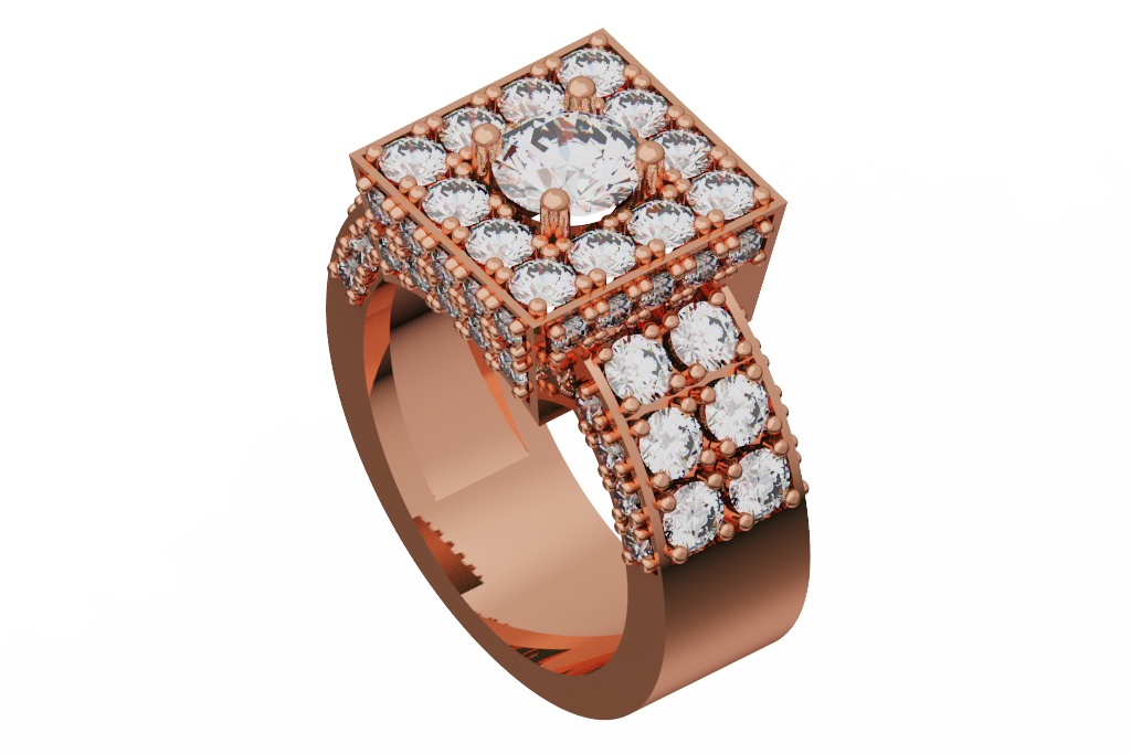 Square Diamond Cocktail Ring With Multi Row Shoulders