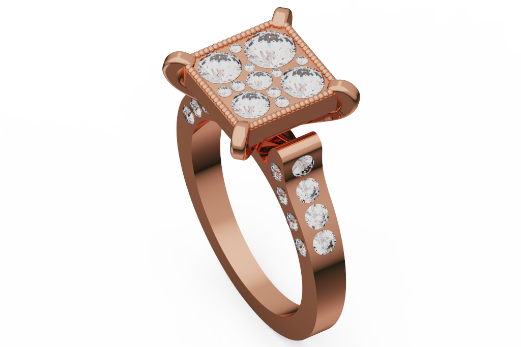 Square Four Stone Diamond Cluster Ring With Beaded Border