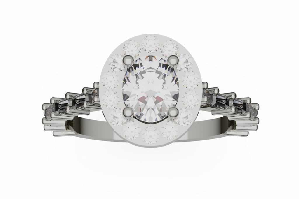 Oval Diamond Halo Engagement Ring With Stepped Shoulders