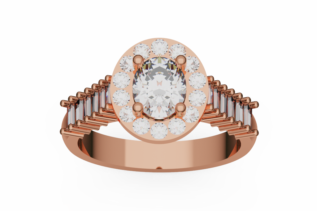 Oval Halo Engagement Ring With Baguette Fan Shoulders