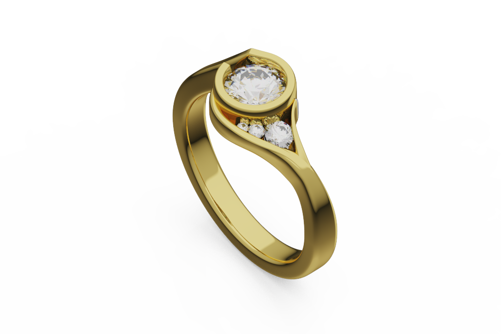 Round Bezel Engagement Ring With Swirl Accents